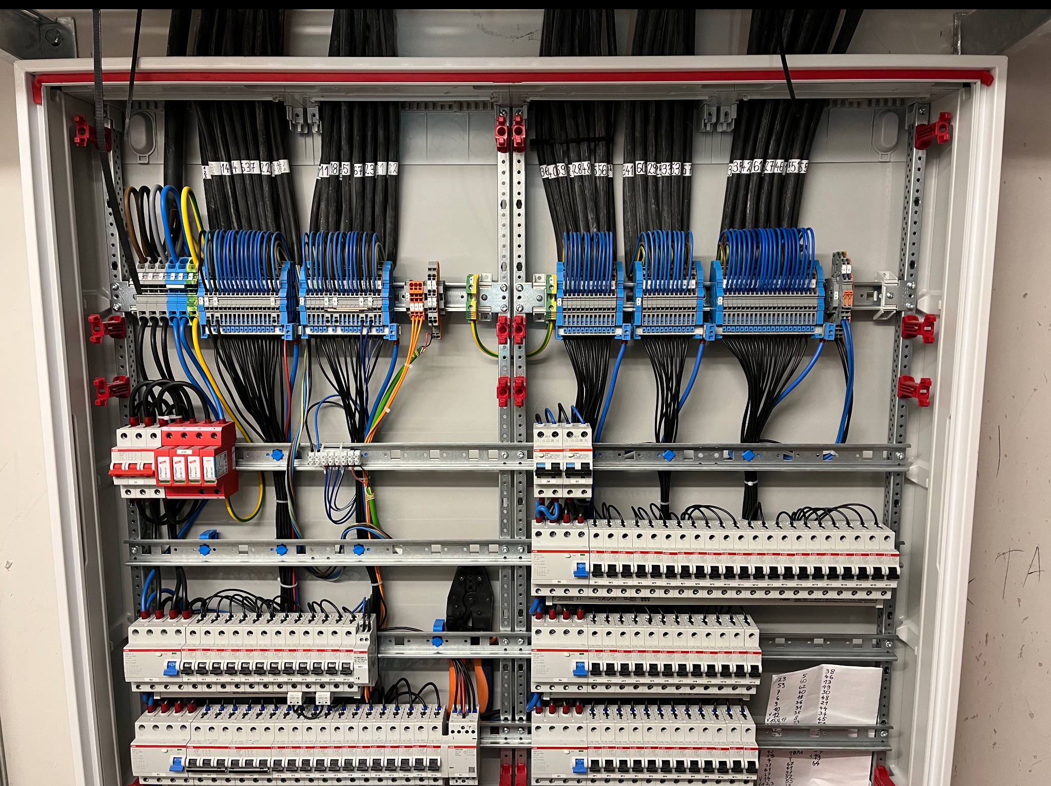 Rozdzielnica elektryczna z precyzyjnie ułożonymi przewodami, oznaczonymi etykietami, zamontowana w szarej obudowie z czerwonymi elementami mocującymi.