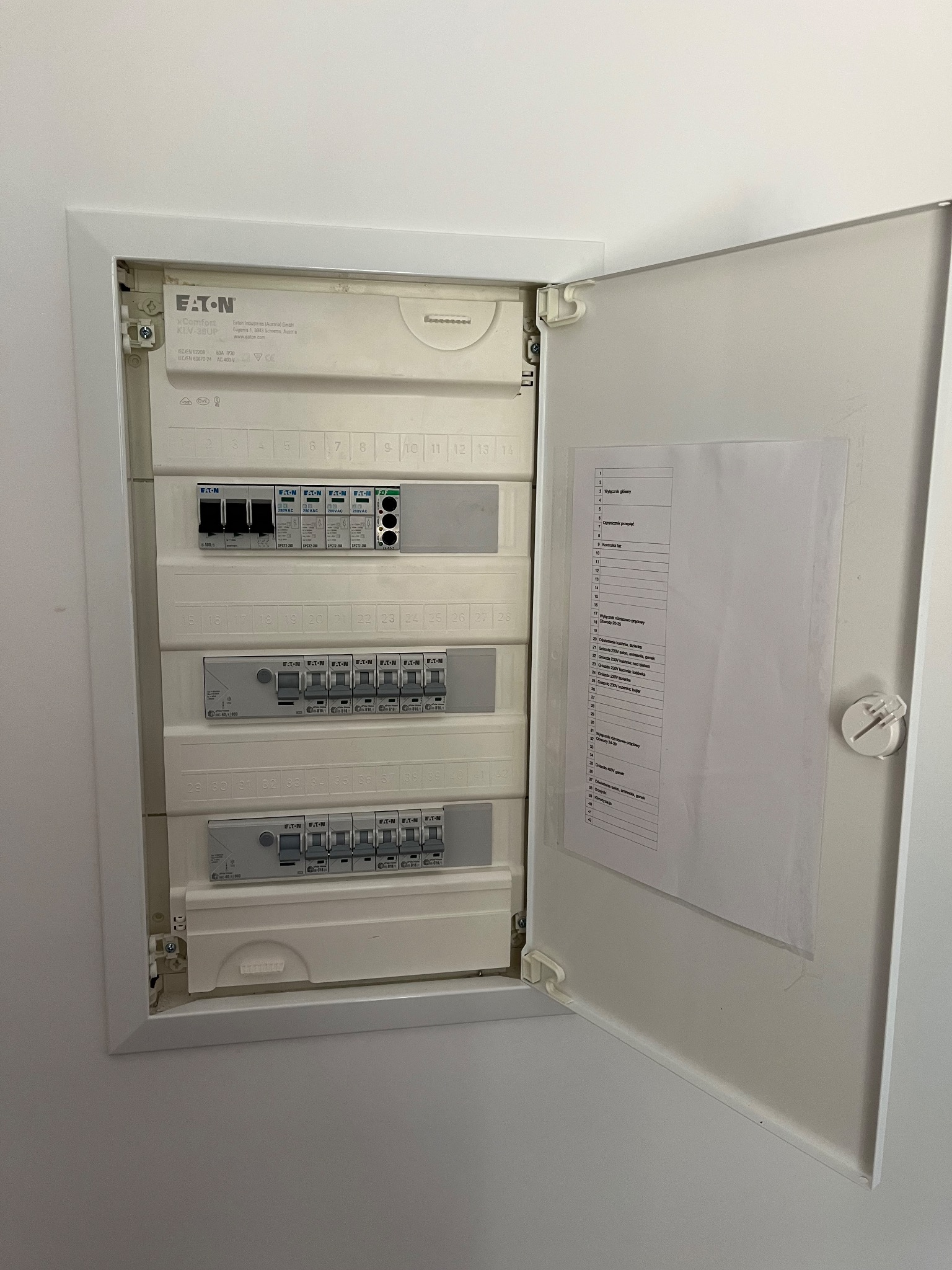 Otwarta skrzynka elektryczna Eaton z wyłącznikami i listwą zaciskową, wewnątrz widoczna kartka z opisem obwodów. Białe tło, minimalistyczny design.