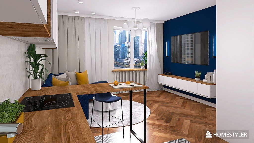 Wnętrze mieszkania z aneksem kuchennym, drewnianym blatem, niebieską ścianą z telewizorem i widokiem na miasto za oknem. Nowoczesny design z elementami drewna i bieli.