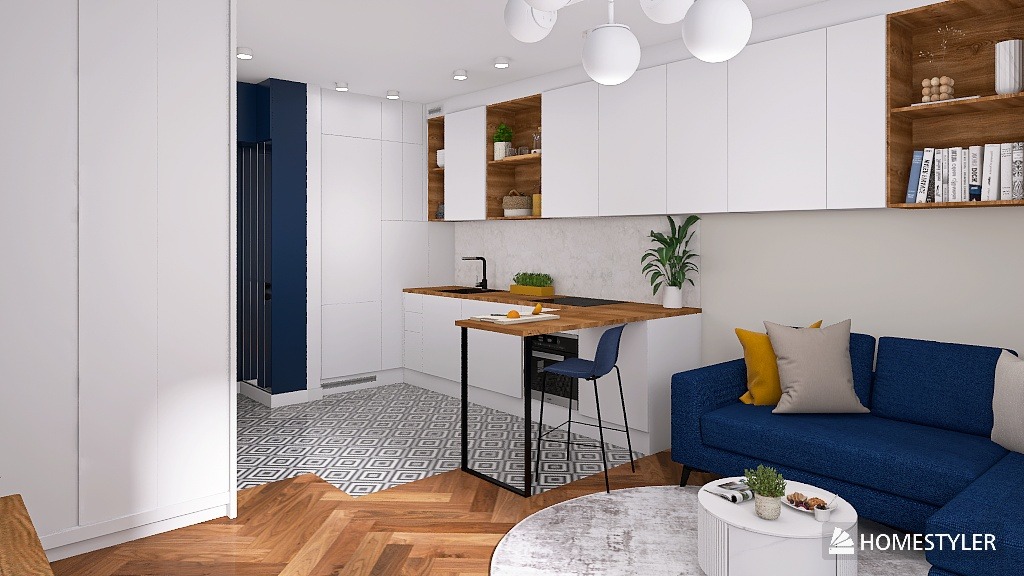 Nowoczesne wnętrze: biała zabudowa kuchenna z drewnianym blatem, niebieska sofa i wzorzysta podłoga. Widok na salon z aneksem kuchennym, oświetlenie punktowe i dekoracje.