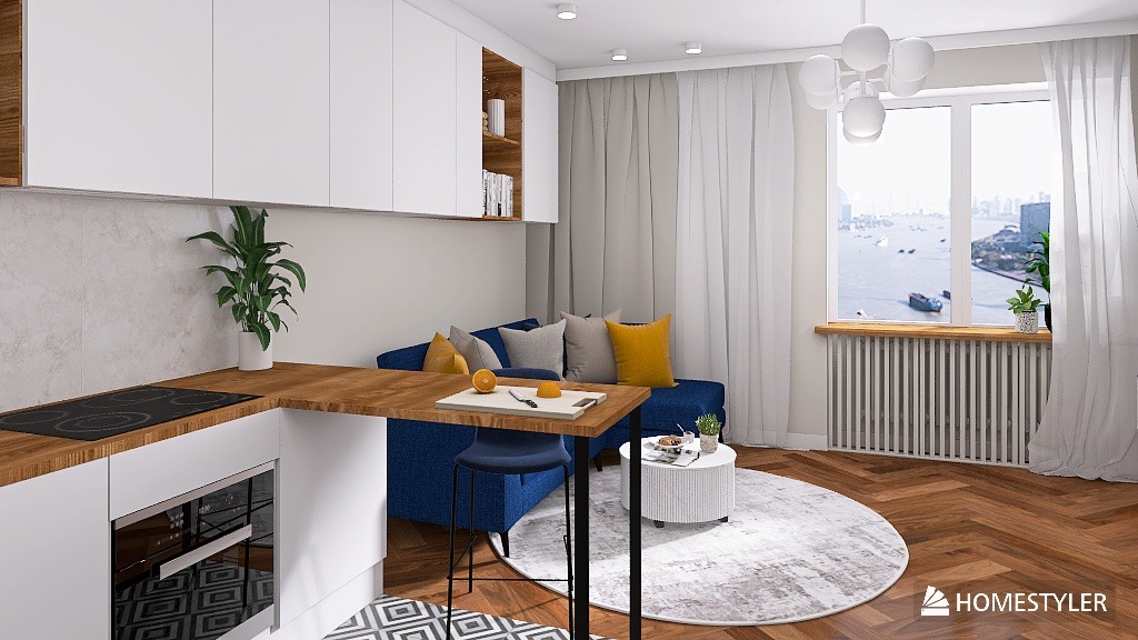 Nowoczesne wnętrze: biała kuchnia z drewnianym blatem, niebieska sofa z poduszkami, okrągły dywan i widok na miasto z okna. Jasne, przestronne pomieszczenie.