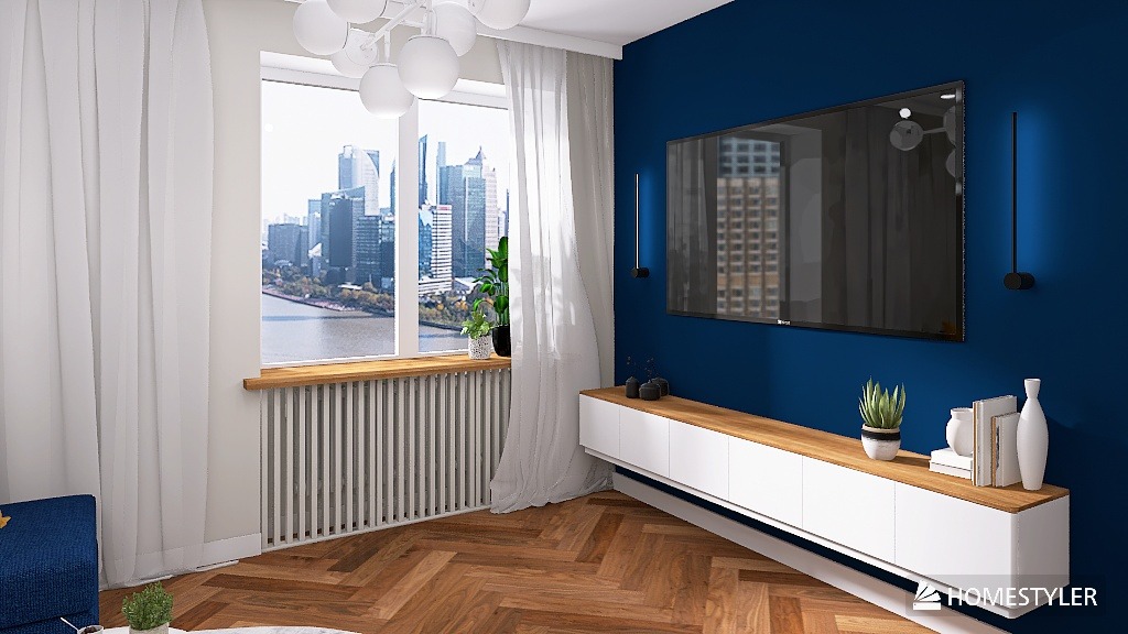 Nowoczesny salon z niebieską ścianą, telewizorem, białą szafką RTV z drewnianym blatem i widokiem na miasto zza okna z białymi zasłonami.
