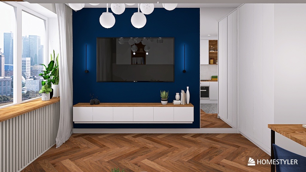 Nowoczesny salon z niebieską ścianą, telewizorem, białymi szafkami RTV i parkietem w jodełkę. Widok na miasto z okna. Minimalistyczny design z akcentami roślinnymi.