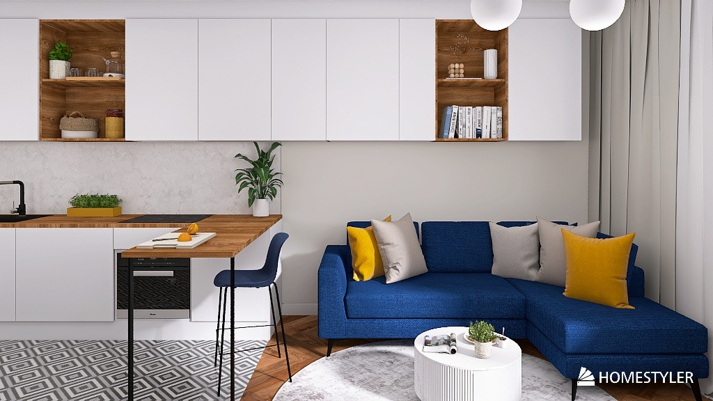 Nowoczesne wnętrze: biała kuchnia z drewnianym blatem i niebieska sofa z żółtymi poduszkami. Minimalistyczny design, jasne oświetlenie, geometryczny wzór podłogi.