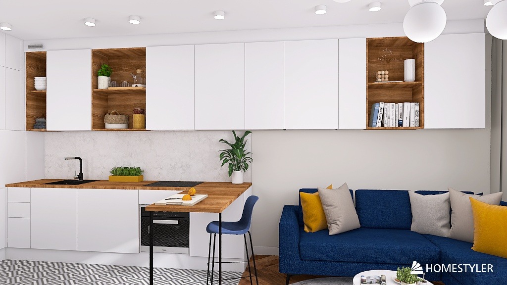 Nowoczesna aranżacja wnętrza: biała zabudowa kuchenna z drewnianymi akcentami, niebieska sofa z poduszkami i geometryczny wzór na podłodze. Jasne, minimalistyczne wykończenie.