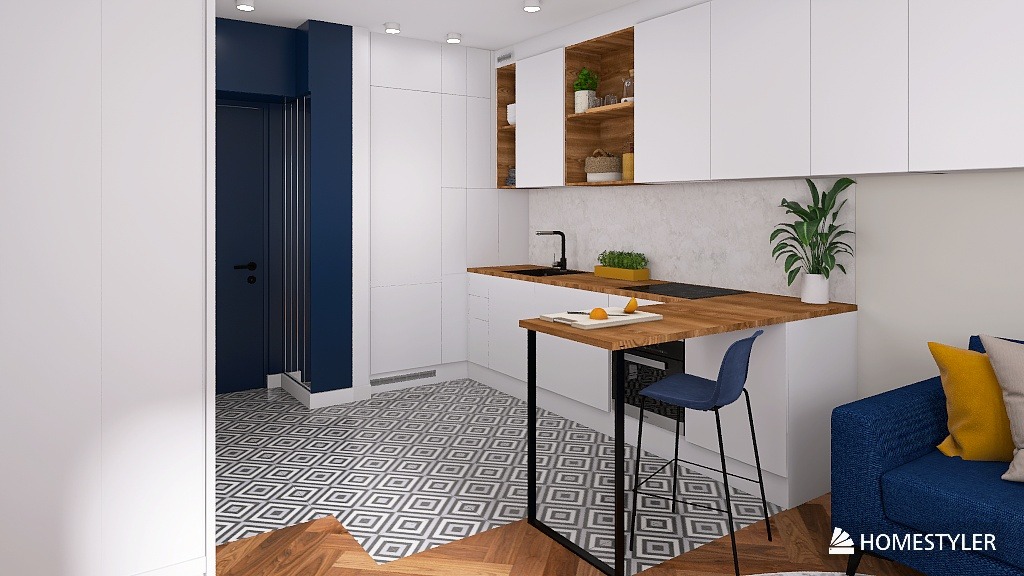 Wnętrze nowoczesnej kuchni z białymi szafkami, drewnianym blatem i niebieskimi akcentami. Widoczny stół barowy z krzesłem i fragment sofy.
