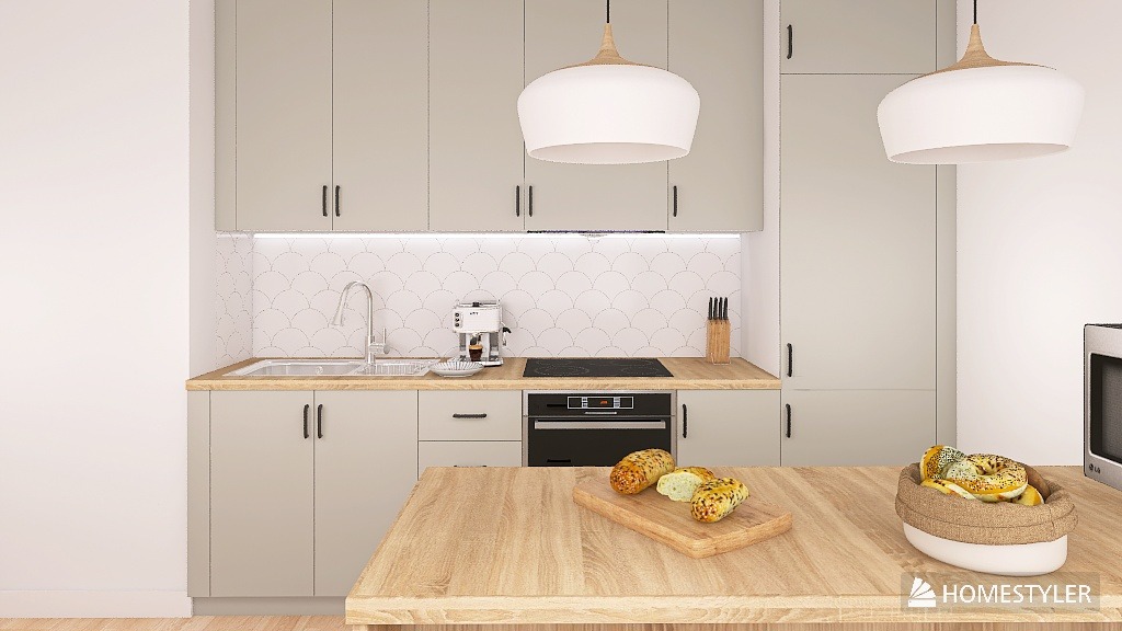 Jasna kuchnia w stylu skandynawskim z drewnianym blatem i okrągłymi lampami. Projekt kuchni w Białymstoku z płytkami w kształcie rybiej łuski.