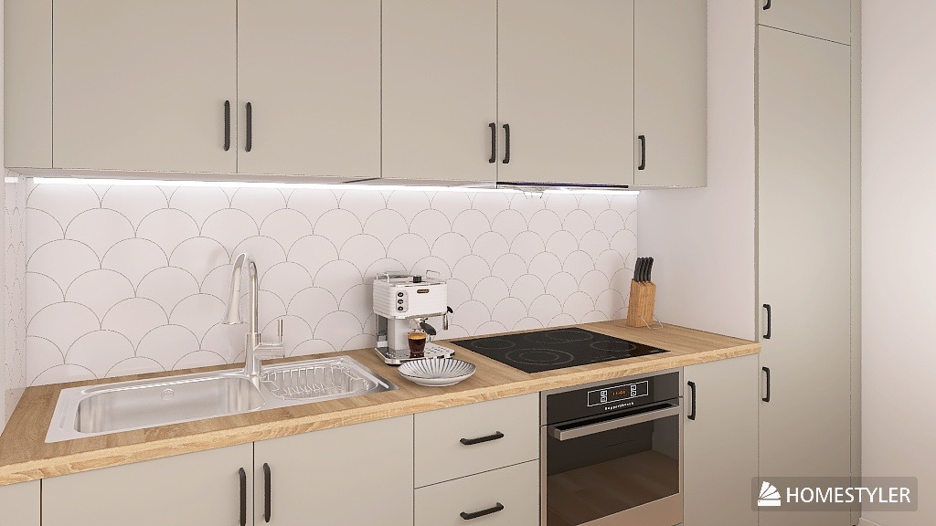 Kompaktowa kuchnia w odcieniach szarości z drewnianym blatem, mozaiką w kształcie rybiej łuski i nowoczesnym sprzętem AGD. Minimalistyczny design z akcentem na funkcjonalność.