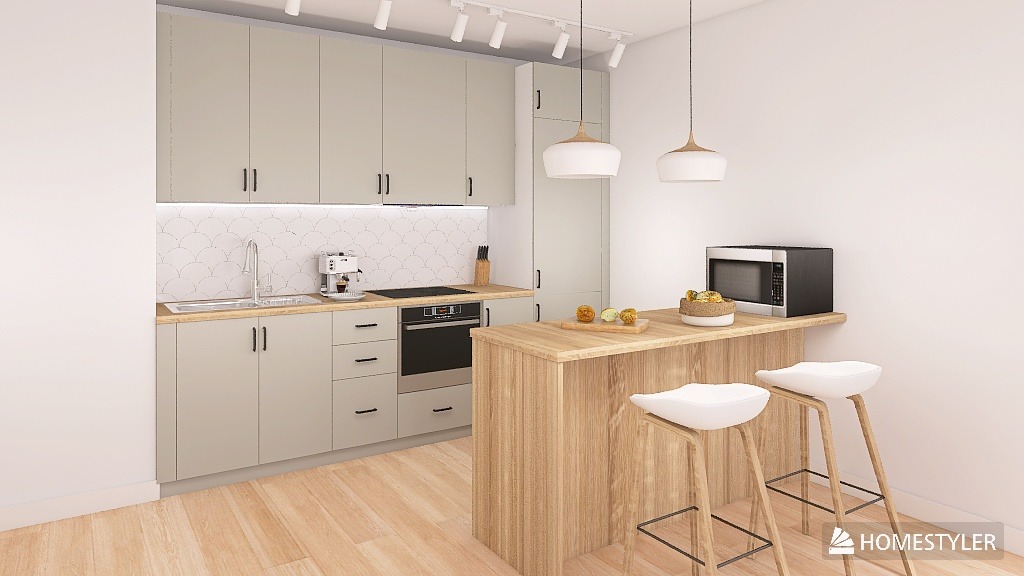 Jasna kuchnia z drewnianym blatem i hokerami. Nad blatem wiszą lampy. Na blacie owoce i mikrofalówka. Na ścianie białe płytki w kształcie rybiej łuski.