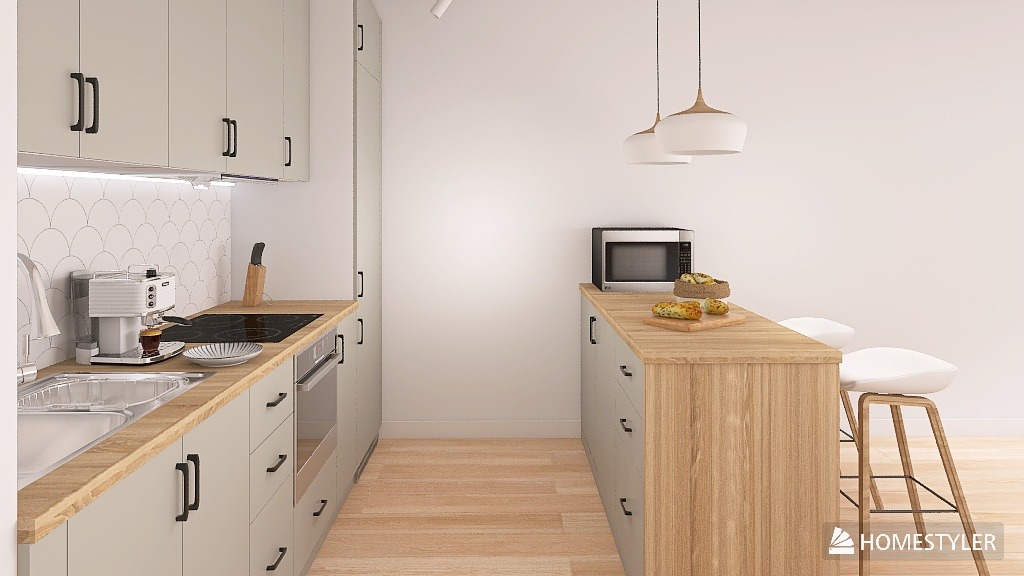 Jasna kuchnia z drewnianym blatem, białymi szafkami i wyspą. Minimalistyczne lampy wiszące nad wyspą. Ekspres do kawy i płyta indukcyjna na blacie.