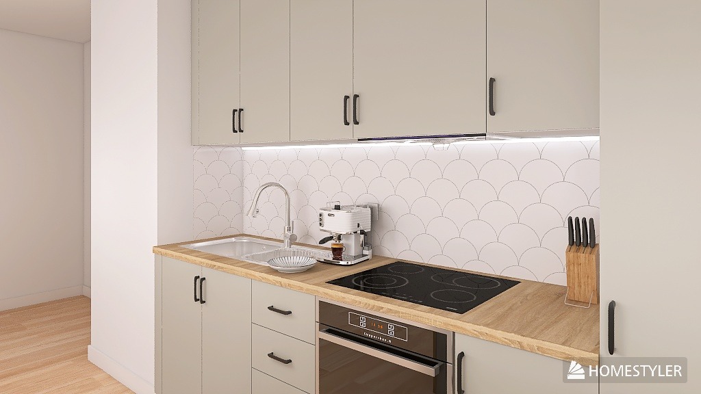 Jasna kuchnia z drewnianym blatem, białymi płytkami w kształcie rybiej łuski i czarnymi uchwytami. Ekspres do kawy na blacie dodaje przytulnego charakteru.