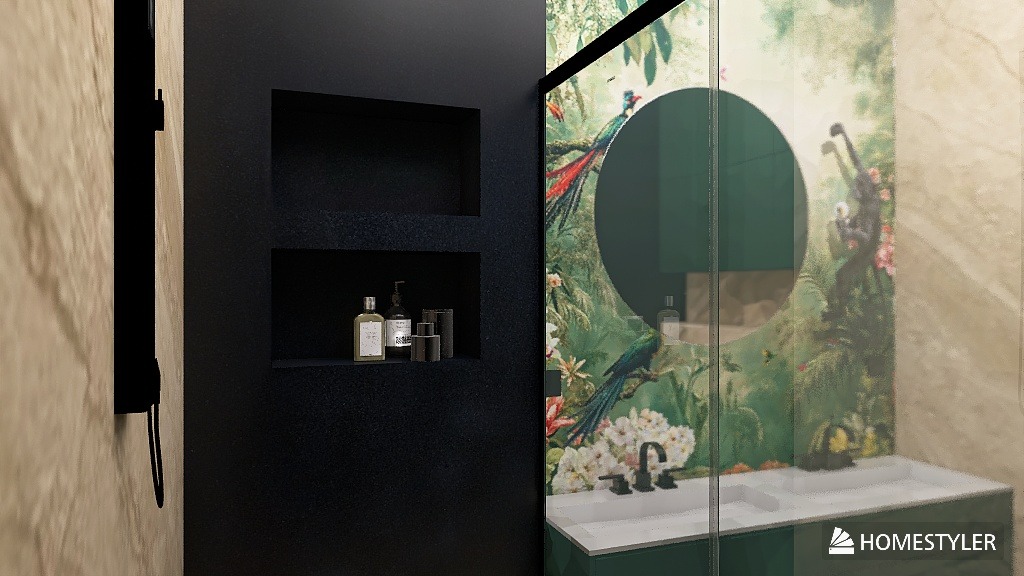 Nowoczesna łazienka z czarną ścianą z wnękami na kosmetyki i kabiną prysznicową z motywem dżungli. Minimalistyczny design, eleganckie wykończenie.