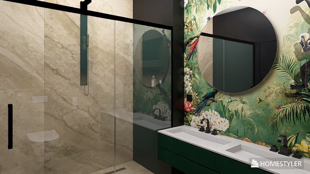 Eklektyczna łazienka z kabiną prysznicową, umywalką z dwoma kranami i okrągłym lustrem na tle tapety w tropikalne motywy. Nowoczesny design z akcentem natury.