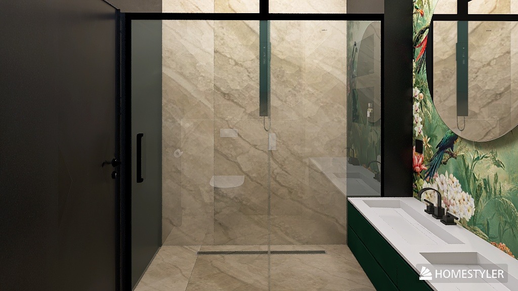 Nowoczesna łazienka z kabiną prysznicową typu walk-in, marmurowymi płytkami i umywalką w kolorze butelkowej zieleni na tle ściany z motywem tropikalnym.