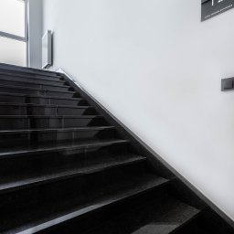Archistone Wojciech Dodzian - Eleganckie, czarne schody z kamienia naturalnego w nowoczesnym wnętrzu. Widoczne logo firmy kamieniarskiej w górnym rogu. Minimalistyczny design, dobre oświetlenie.