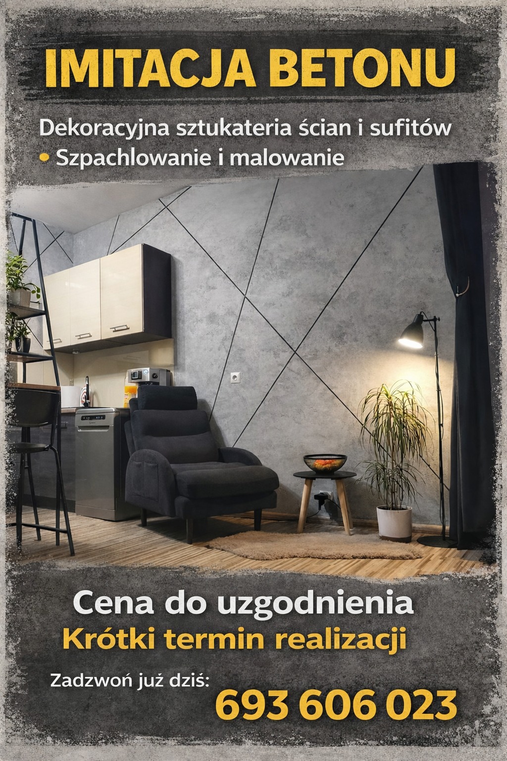 Imitacja betonu na ścianie z dekoracyjną sztukaterią i szpachlowaniem w nowoczesnym wnętrzu. Widoczny fragment kuchni i salonu z krzesłem barowym i fotelem.