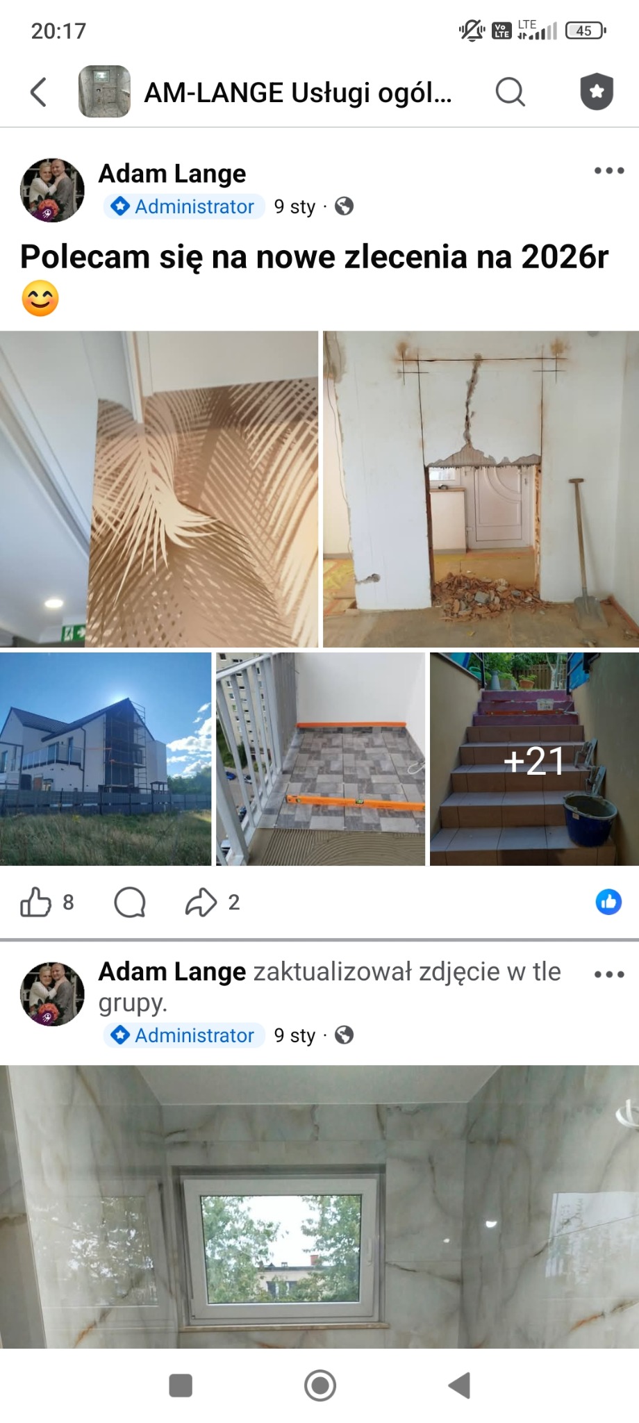 Mozaika zdjęć: tapeta z motywem liści, wyburzanie ściany, dom w rusztowaniach, układanie płytek na balkonie, schody z wiadrem i wykończona łazienka z oknem.