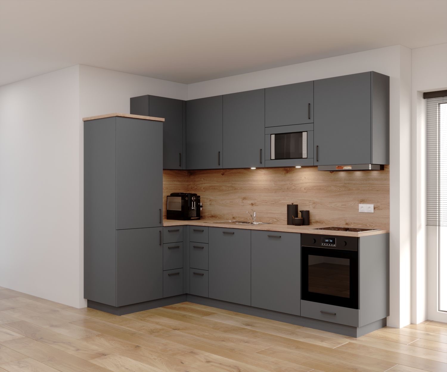 Nowoczesna kuchnia w odcieniach szarości z drewnianym blatem i oświetleniem LED. Minimalistyczny design, zabudowa kuchenna z piekarnikiem i mikrofalówką.