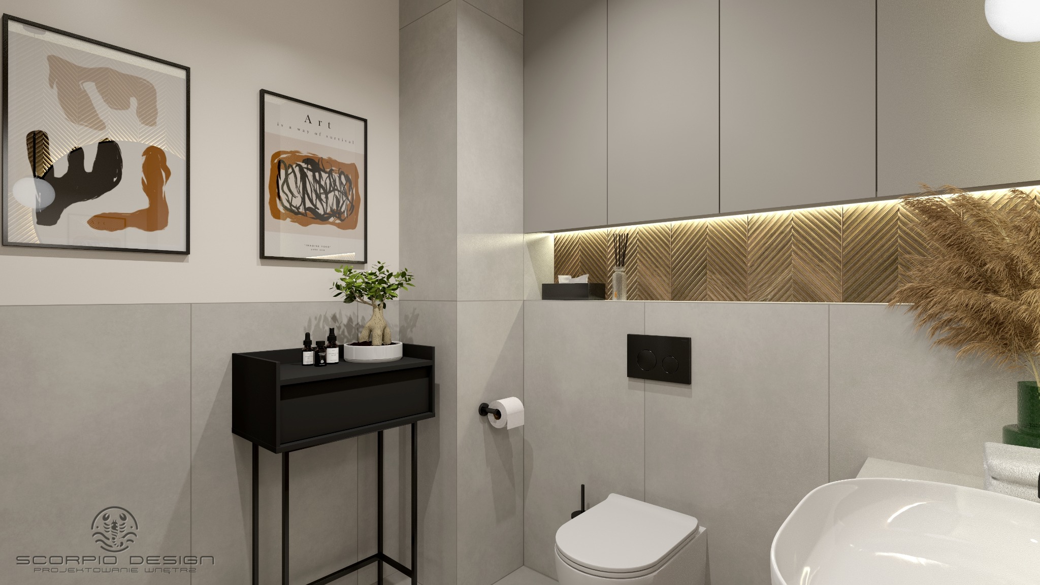 Nowoczesna łazienka z szarą płytką, drewnianą mozaiką pod szafkami i czarnymi akcentami: konsola, rama obrazów, przycisk spłuczki. Minimalistyczny design.