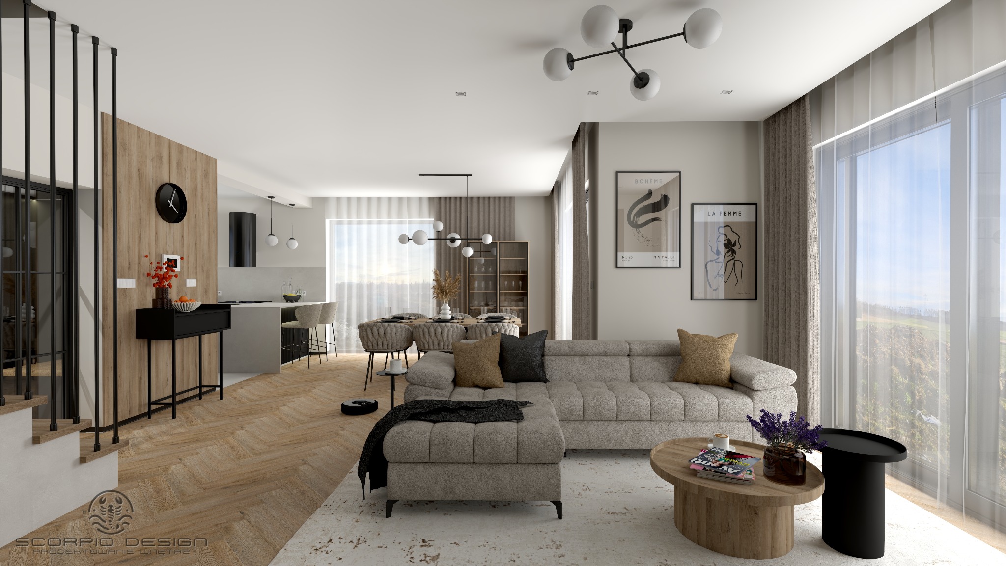 Wnętrze otwartej przestrzeni: salon z narożną sofą, jadalnia z krzesłami o fakturze boucle i kuchnia z wyspą. Parkiet w jodełkę, nowoczesne lampy i dekoracje.