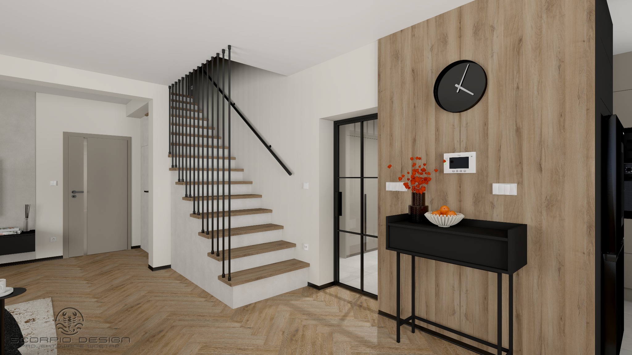 Nowoczesne wnętrze domu z drewnianą ścianą, czarnym zegarem i minimalistyczną konsolą. Schody z metalową balustradą i parkiet w jodełkę dodają elegancji.