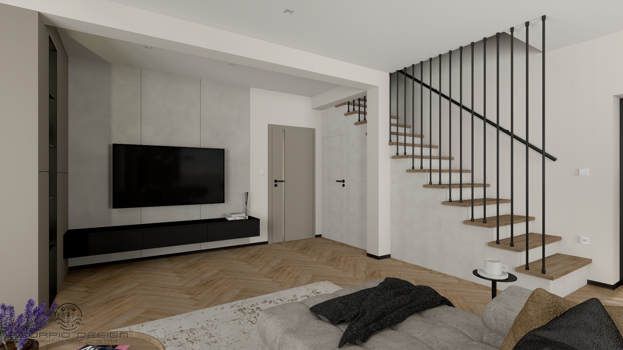 Nowoczesny salon z drewnianymi schodami i TV w Lwówku Śląskim. Minimalistyczny design, jasne kolory, parkiet w jodełkę. Projekt wnętrza z dbałością o detale.