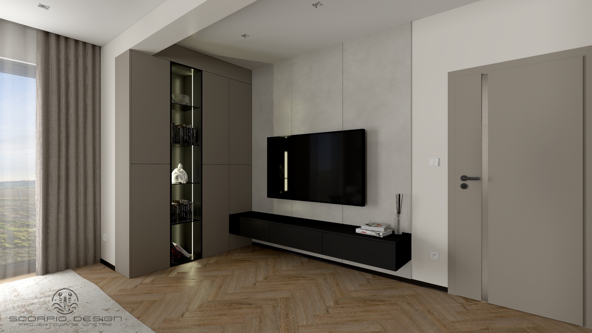 Nowoczesny salon z szarą zabudową meblową, czarnym panelem TV i parkietem w jodełkę. Minimalistyczny design z akcentami dekoracyjnymi i subtelnym oświetleniem.