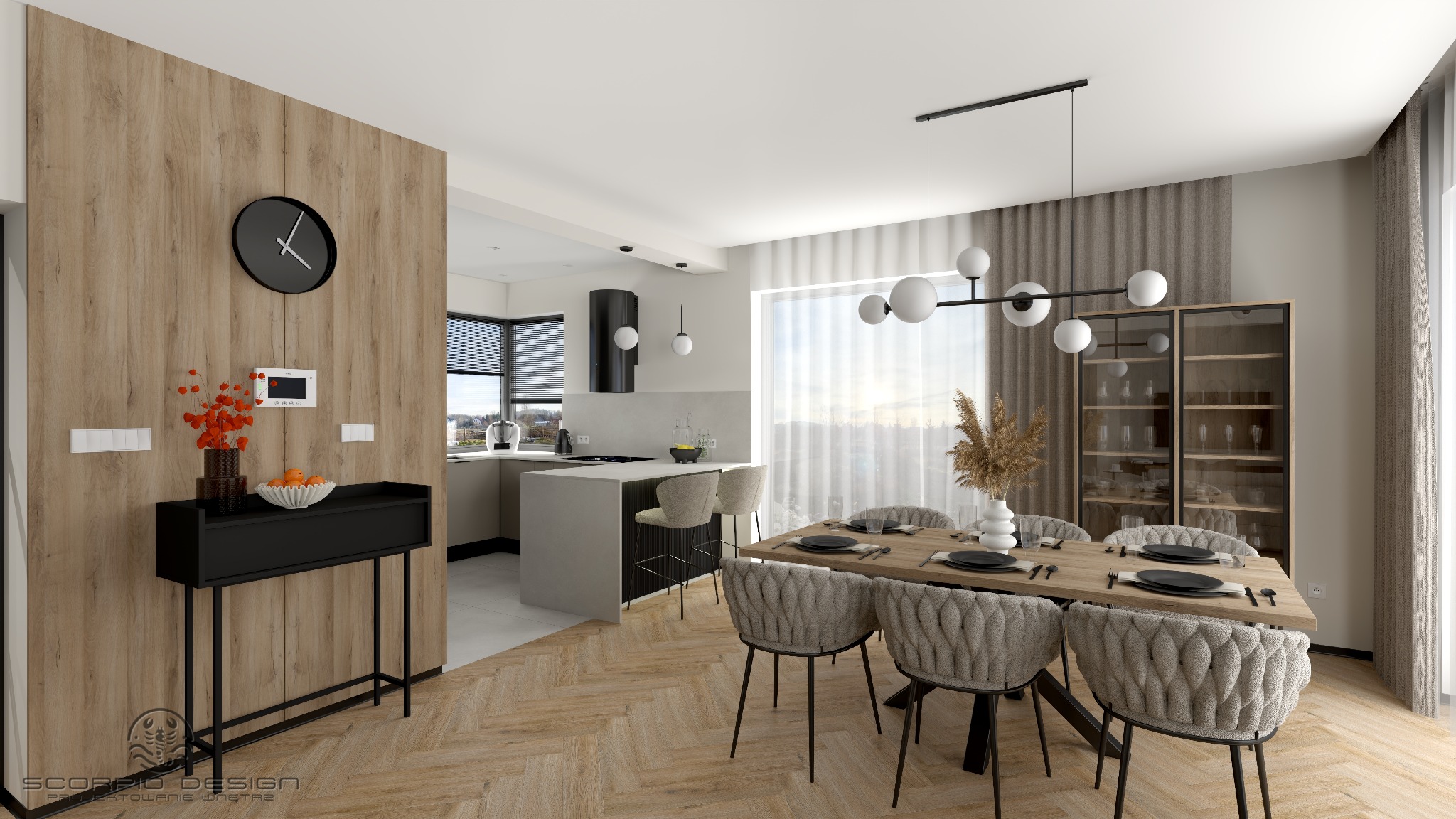 Nowoczesne wnętrze: jadalnia z drewnianym stołem i krzesłami w odcieniach szarości, otwarta na kuchnię z wyspą. Minimalistyczny design, ciepłe oświetlenie, parkiet w jodełkę.