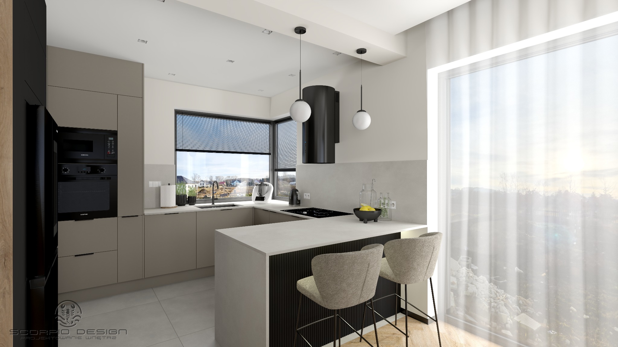 Nowoczesna kuchnia w odcieniach beżu z czarnymi akcentami, wyspą i dwoma hokerami. Duże okno z widokiem na zewnątrz. Minimalistyczne oświetlenie.