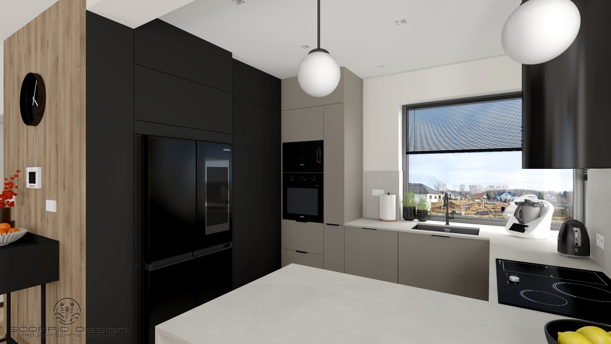 Nowoczesna kuchnia z czarnymi i beżowymi szafkami, dużym oknem z widokiem na okolicę i designerskimi lampami. Minimalistyczny wystrój z elementami drewna.