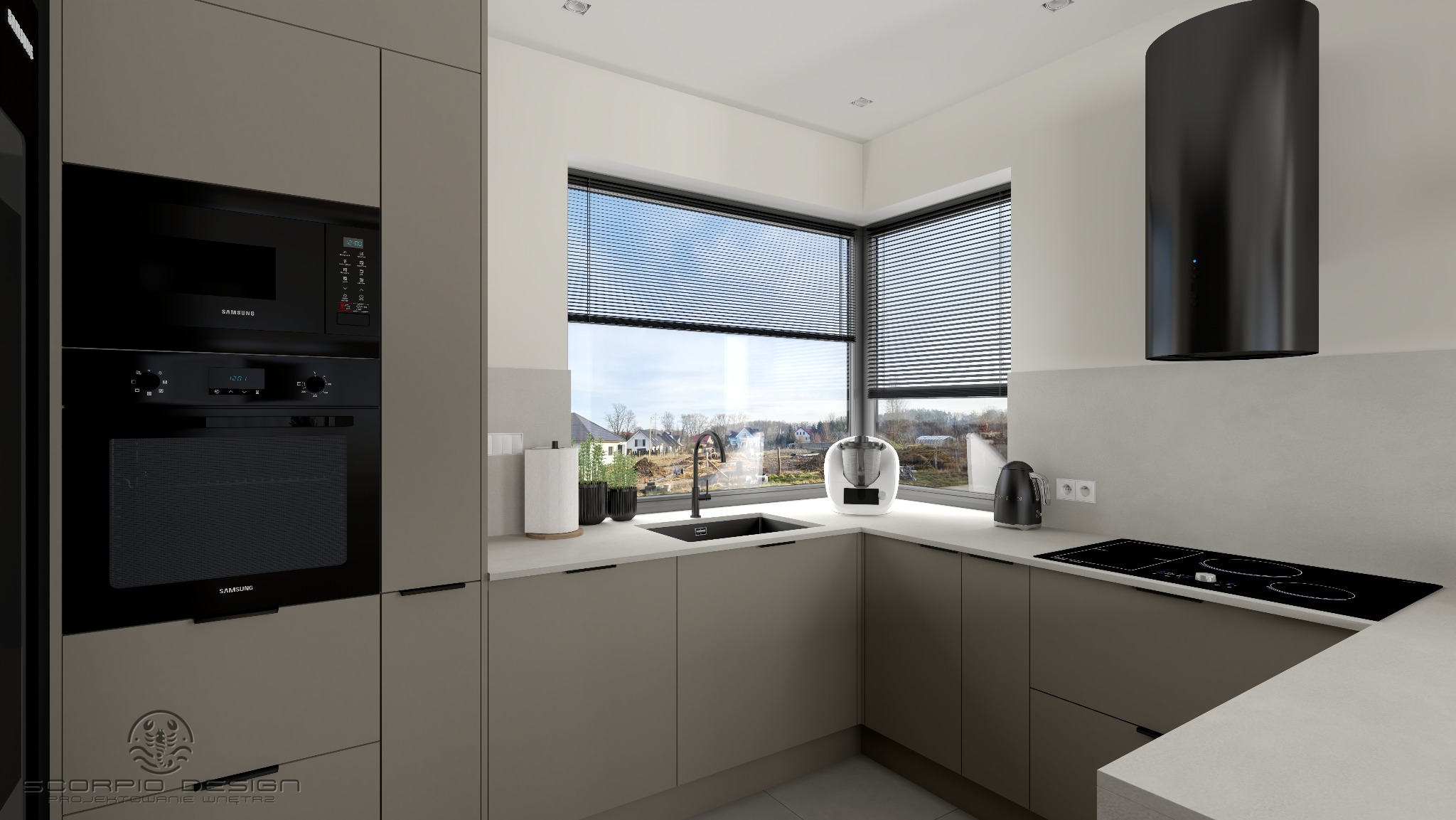 Nowoczesna kuchnia w odcieniach szarości z czarnymi akcentami: piekarnik, mikrofalówka, okap. Duże okno z widokiem na zabudowę jednorodzinną. Minimalistyczny design.