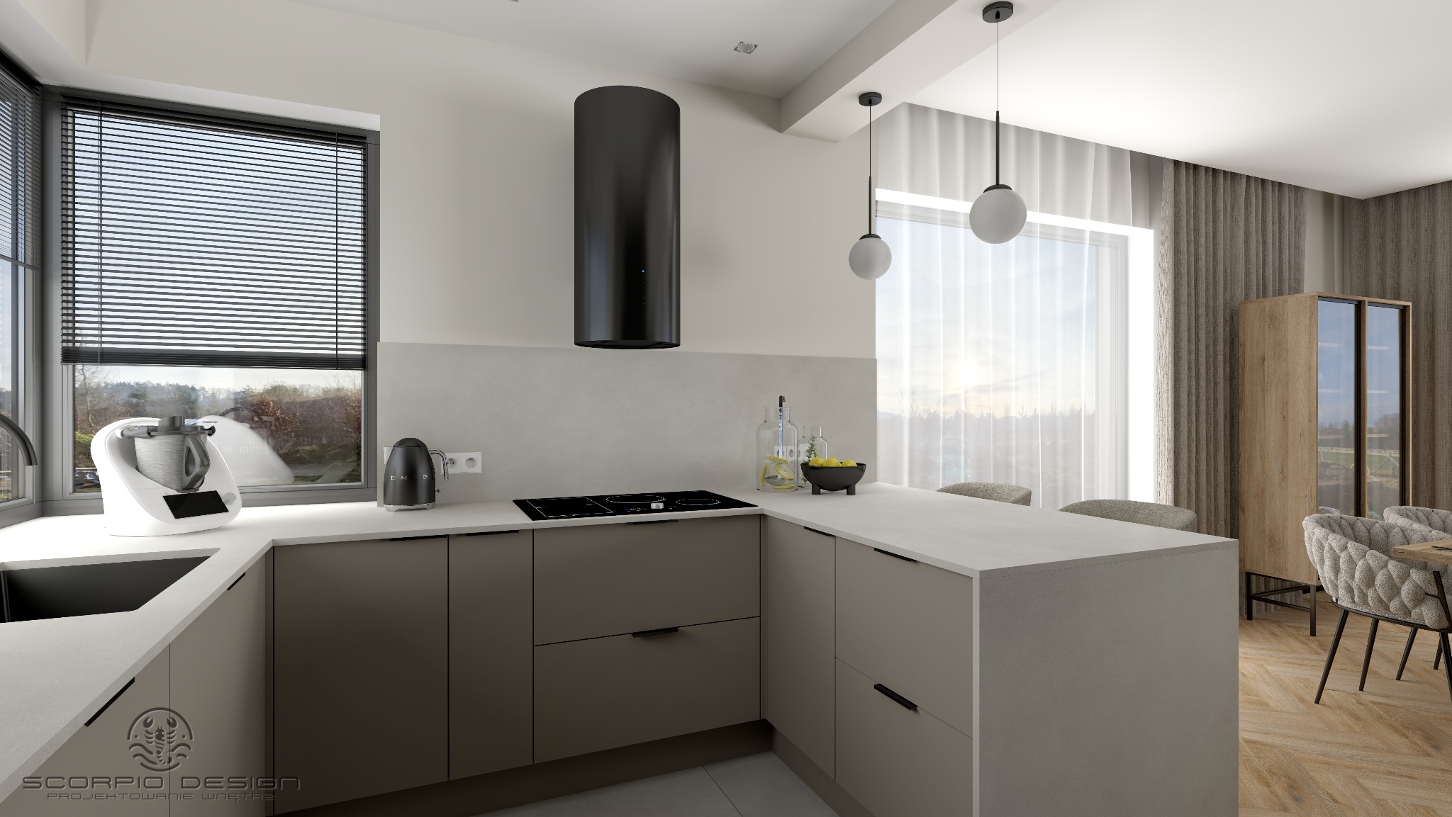 Nowoczesna kuchnia w odcieniach beżu z czarnym okapem cylindrycznym i widokiem na zieleń za oknem. Minimalistyczny design, oświetlenie punktowe i drewniana podłoga.