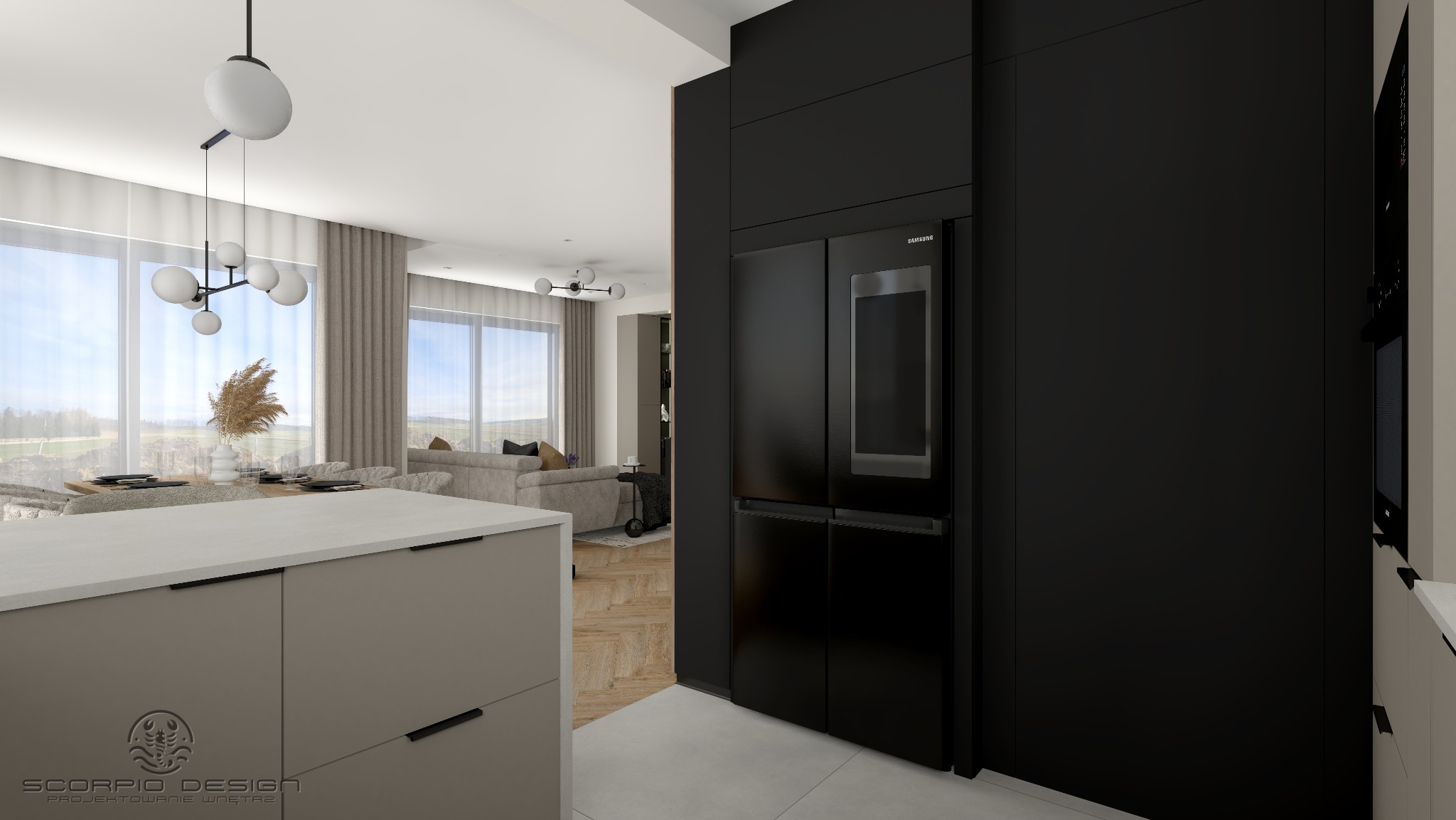 Nowoczesna kuchnia z czarną zabudową i lodówką Samsung, widok na salon z jadalnią, neutralna kolorystyka, minimalistyczny design, oświetlenie punktowe.
