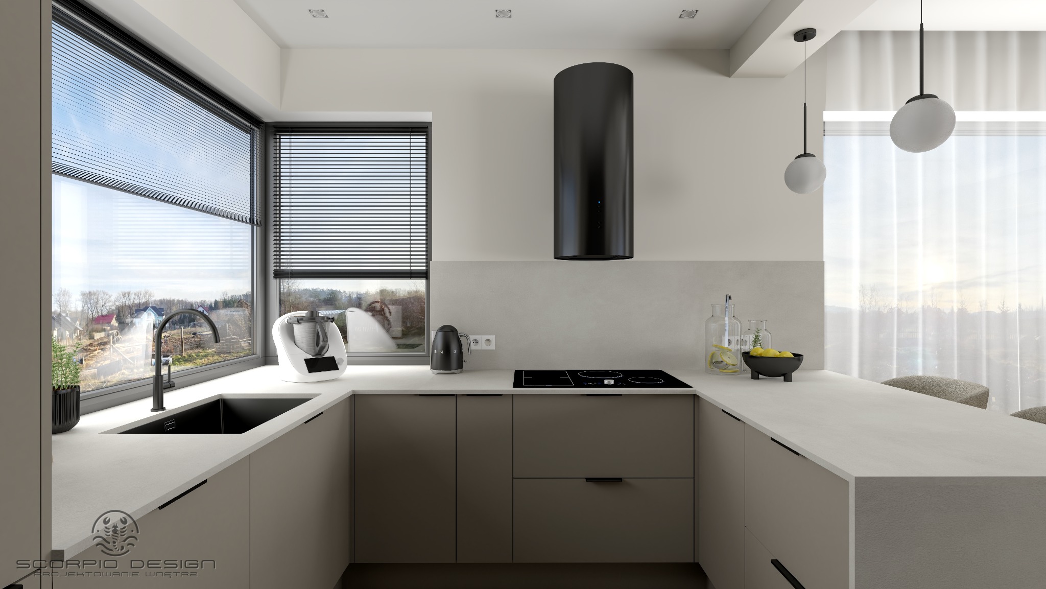 Nowoczesna kuchnia w kształcie litery U z szarymi frontami, czarnym okapem cylindrycznym i dużym oknem z widokiem na zewnątrz. Minimalistyczne lampy wiszące i akcesoria.