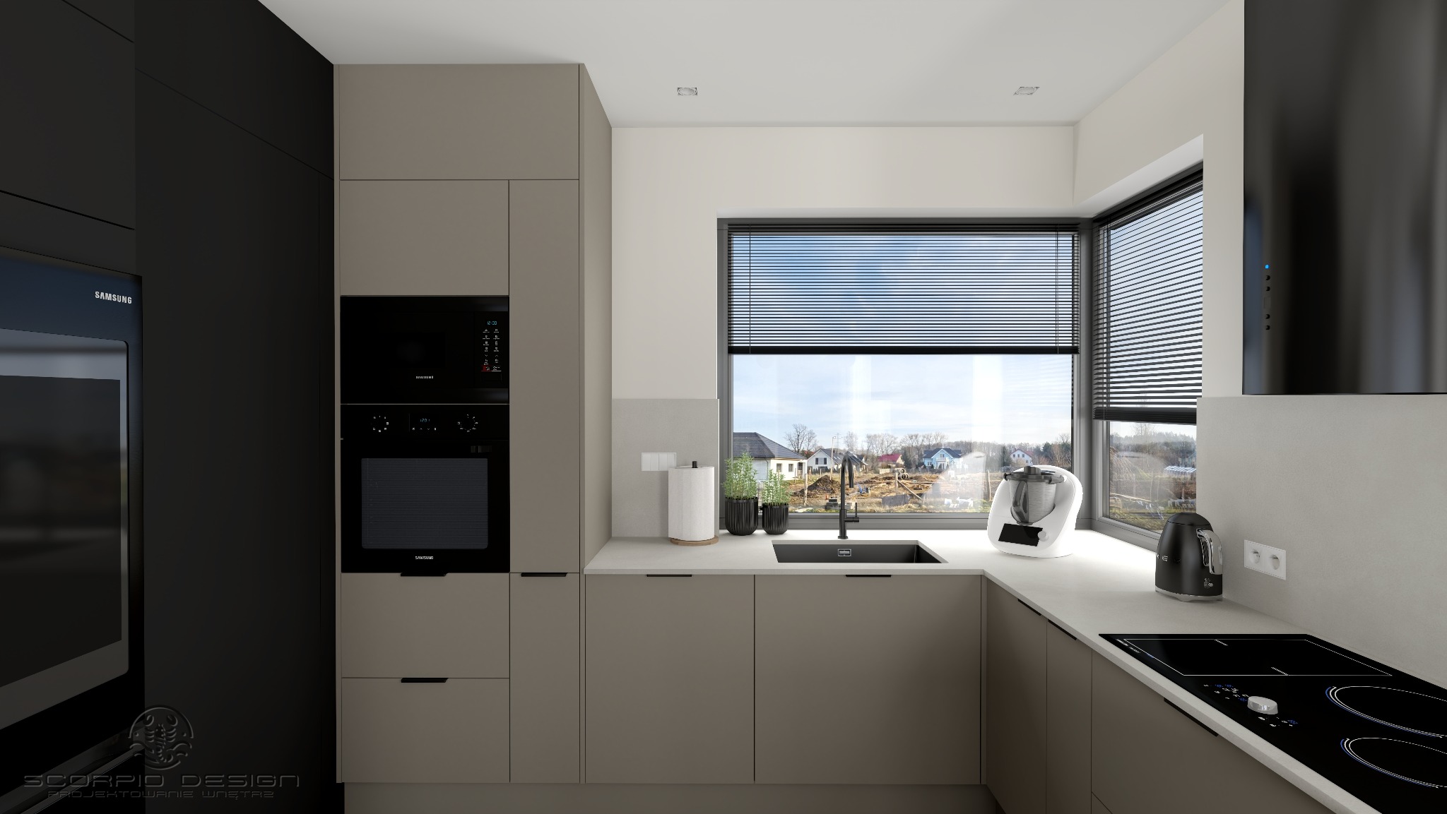 Nowoczesna kuchnia w odcieniach szarości z dużym oknem i widokiem na krajobraz. Minimalistyczne szafki, czarne AGD Samsung i designerskie akcesoria kuchenne.