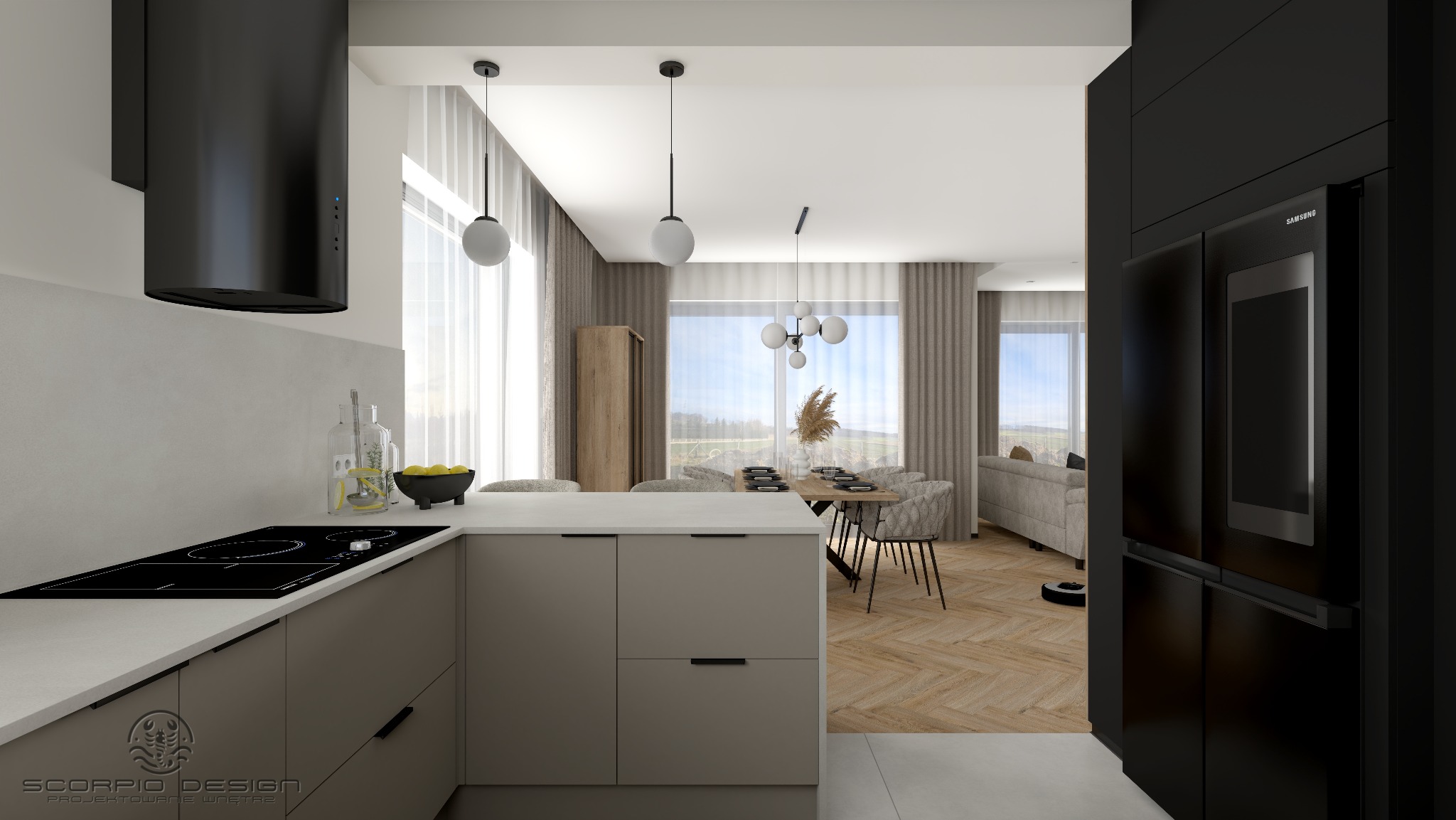 Nowoczesna kuchnia z wyspą, czarnym okapem i lodówką Samsung. W tle jadalnia z drewnianym stołem i salon z szarą sofą. Parkiet w jodełkę. Minimalistyczny design.