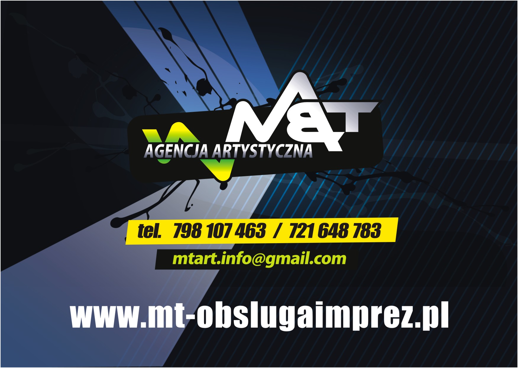Grafika reklamowa agencji artystycznej M&T z logo, adresem strony internetowej i danymi kontaktowymi na tle z niebieskimi paskami i abstrakcyjnymi plamami.