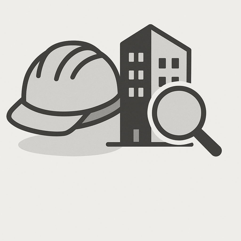 Ikona: kask budowlany, budynek i lupa. Symbolizuje inspekcję budowlaną lub nadzór nad budową.