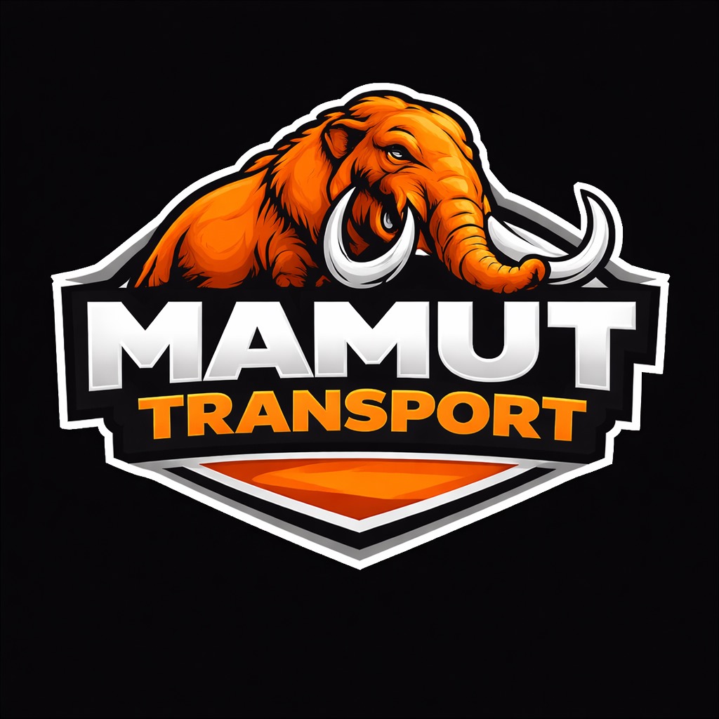 Logo firmy transportowej z wizerunkiem pomarańczowego mamuta i napisem 'MAMUT TRANSPORT' na czarnym tle.