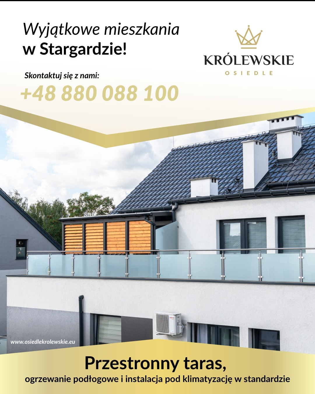 Nowoczesny budynek z przestronnym tarasem, ogrzewaniem podłogowym i instalacją klimatyzacji. Osiedle Królewskie w Stargardzie. Wyjątkowe mieszkania.