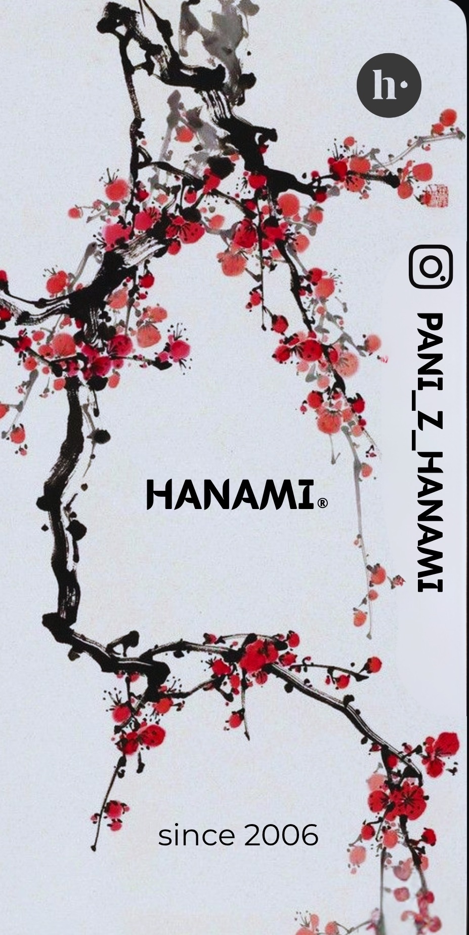 Ilustracja gałęzi kwitnącej wiśni w stylu japońskim, z logo 'HANAMI' i napisem 'since 2006', uzupełniona o ikony mediów społecznościowych.
