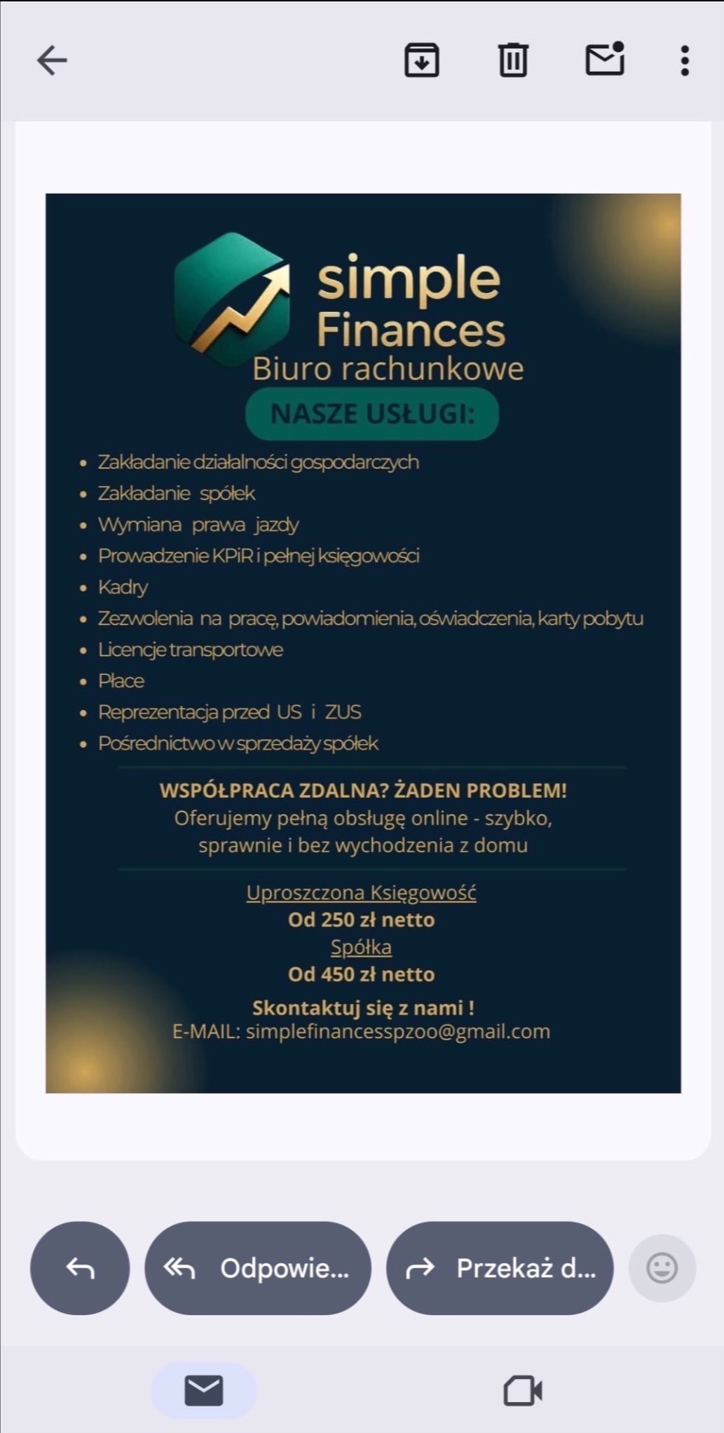 Grafika biura rachunkowego Simple Finances z listą usług: zakładanie działalności, kadry, płace, reprezentacja przed US i ZUS, współpraca zdalna. Kontakt: simplefinancesspzoo@gmail.com.