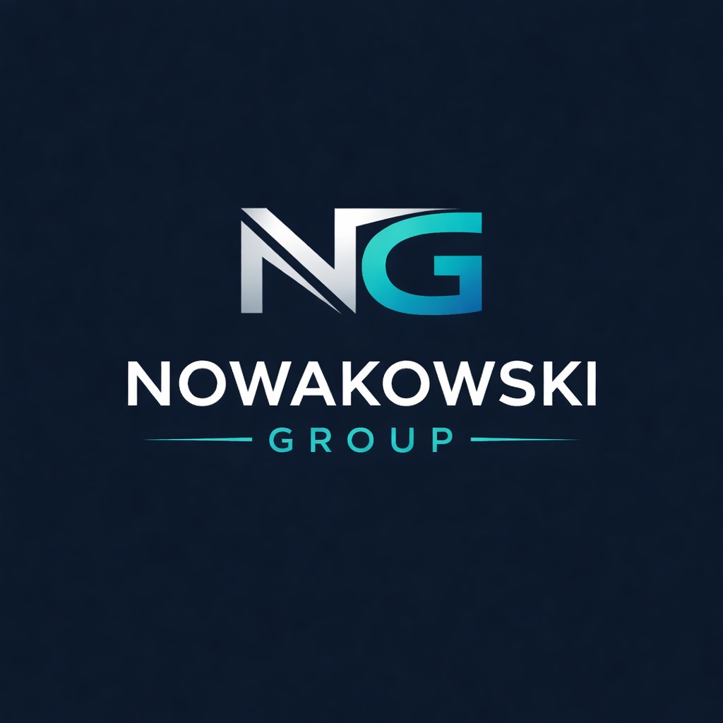 Logo 'NG Nowakowski Group' na ciemnym tle. Litery 'NG' w srebrno-turkusowej kolorystyce, nazwa firmy poniżej, podkreślona cienką linią. Minimalistyczny, nowoczesny design.