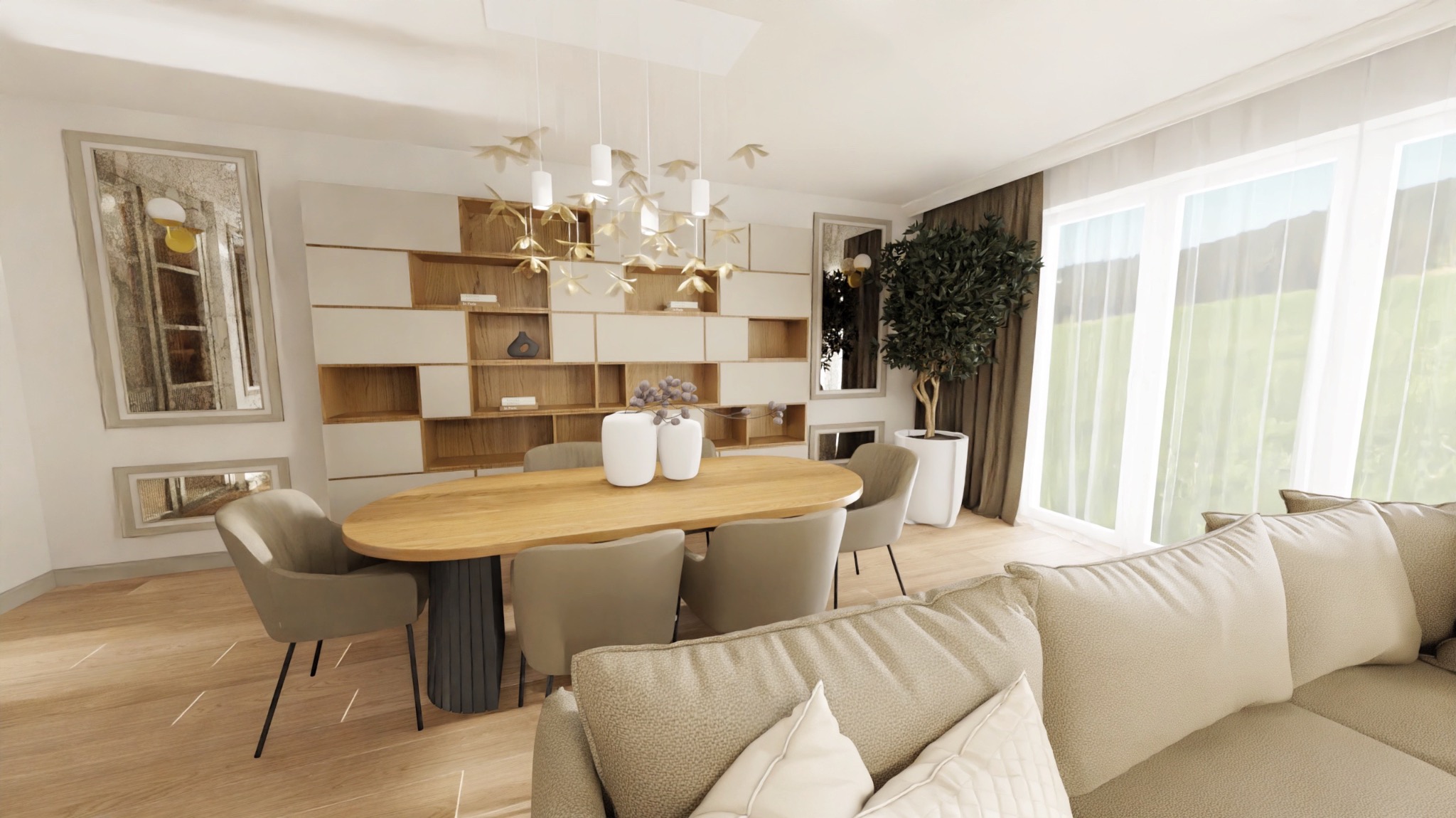 Jasne wnętrze jadalni z drewnianym stołem, krzesłami w odcieniach beżu i dużą, modułową biblioteczką. Nad stołem designerska lampa. W tle sofa i okno z widokiem.