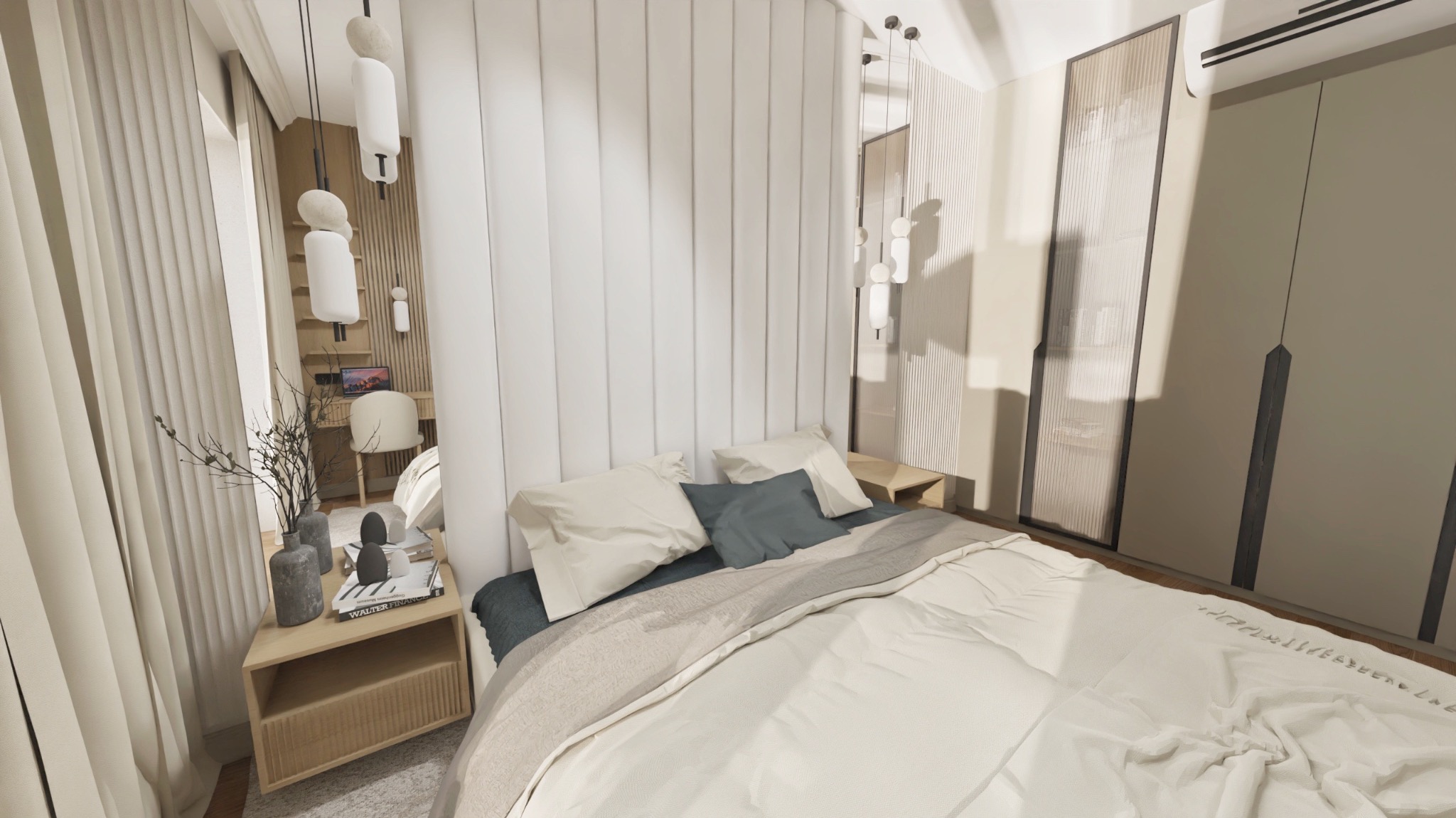 Jasna sypialnia z łóżkiem, tapicerowanym zagłówkiem i biurkiem w lustrzanym odbiciu. Minimalistyczny design, stonowana kolorystyka, nowoczesne oświetlenie.