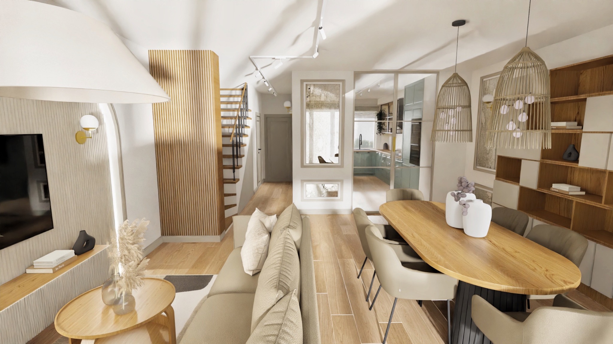 Jasne wnętrze z drewnianymi akcentami: schody, stół, regał. Beżowa sofa i krzesła, lampy wiszące. Nowoczesny design z elementami naturalnymi i minimalistycznym stylem.