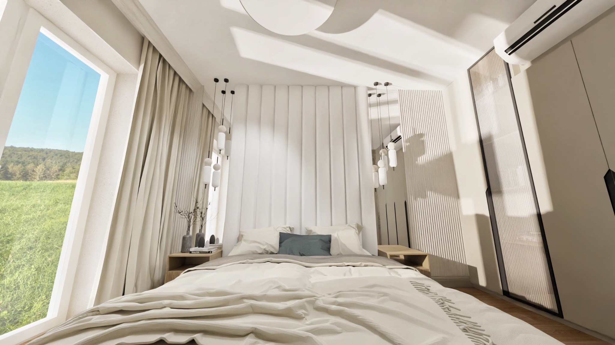 Jasna sypialnia z dużym oknem i widokiem na zieleń. Minimalistyczny design z panelami ściennymi, wiszącymi lampami i szafą z klimatyzatorem. Przytulne wnętrze.