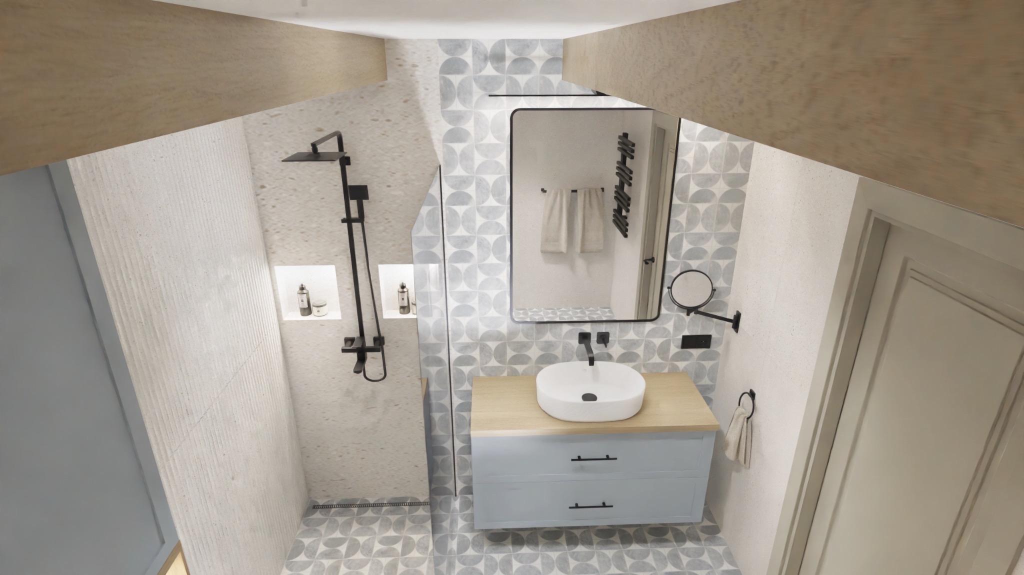 Nowoczesna łazienka na poddaszu z kabiną prysznicową typu walk-in, umywalką nablatową i lustrem w czarnej ramie. Geometryczne płytki i subtelne oświetlenie.