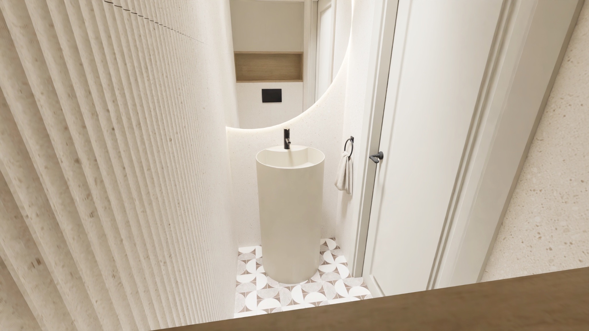 Nowoczesna łazienka z wolnostojącą umywalką cylindryczną, okrągłym lustrem z podświetleniem i wzorzystą podłogą. Minimalistyczny design w jasnych, neutralnych barwach.