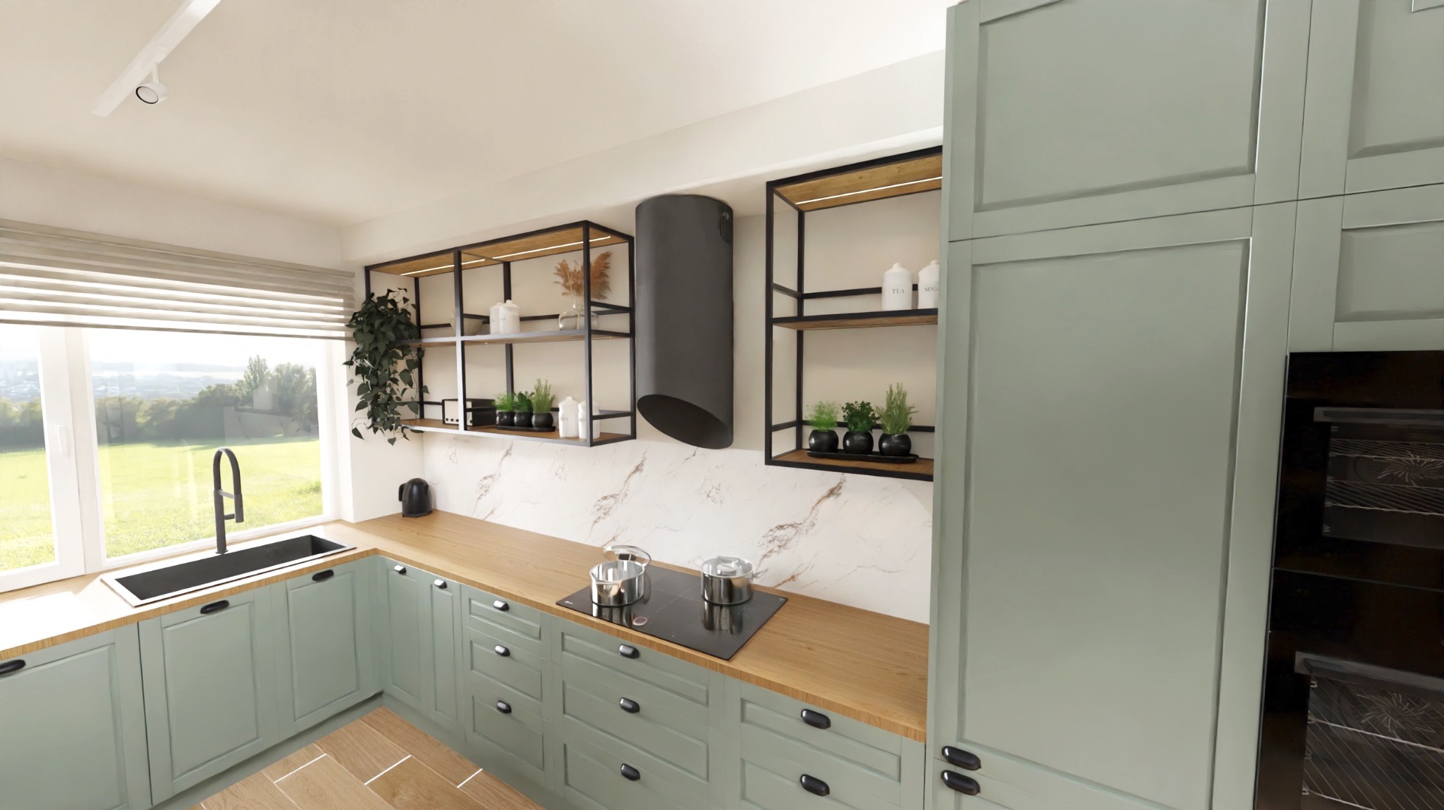 Nowoczesna kuchnia w odcieniach zieleni z drewnianym blatem i czarnymi akcentami, widok na okno z zielenią w tle. Projekt kuchni w Warszawie.